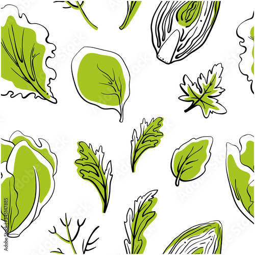 Seamless pattern with salad leaves and herbs. Colorful line sketch collection of vegetables and herbs isolated on white background. Doodle hand drawn vegetable icons. Vector illustration