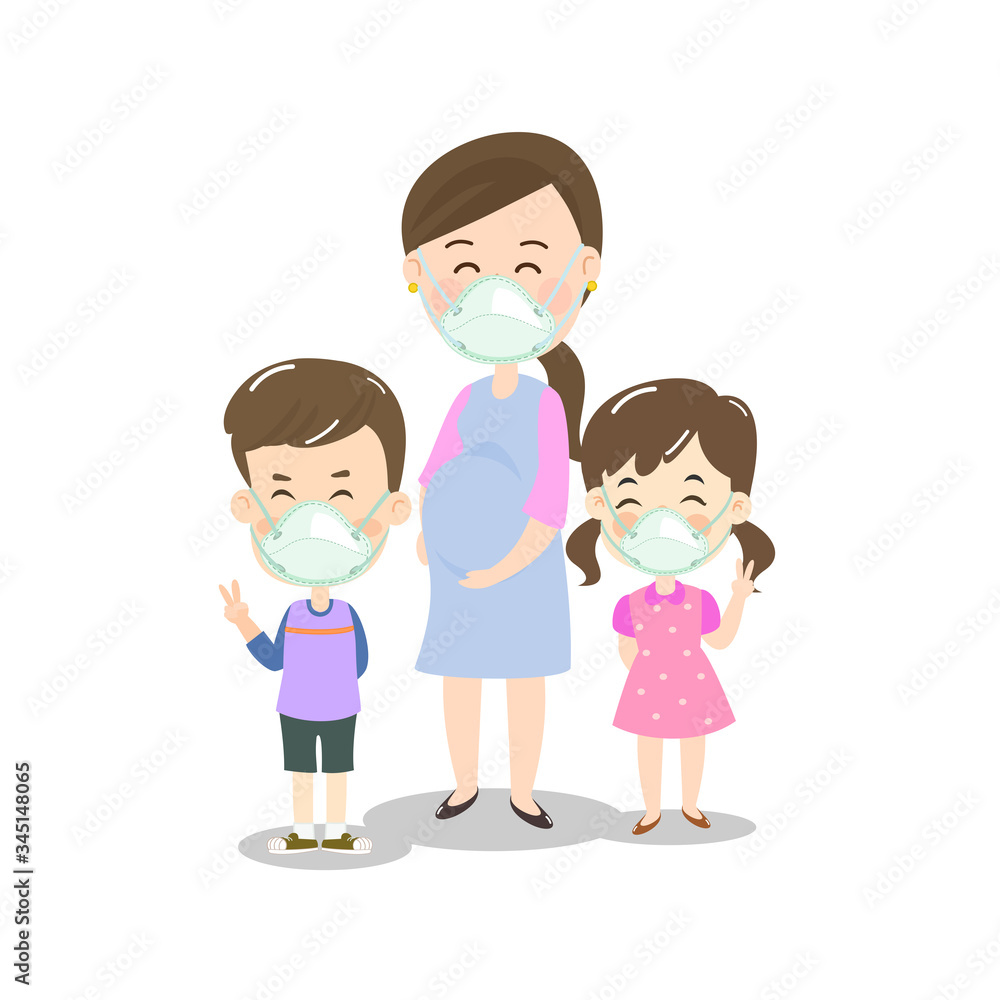 Cartoon Mother and Kids wearing Mask  Vector  