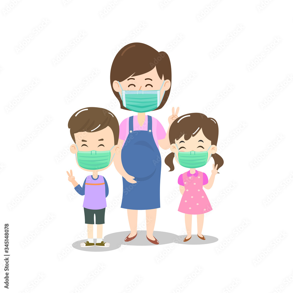 Cartoon Mother and Kids wearing Mask  Vector  