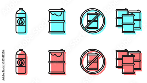 Set line No barrel for gasoline, Canister for motor machine oil, Barrel oil leak and Barrel oil icon. Vector