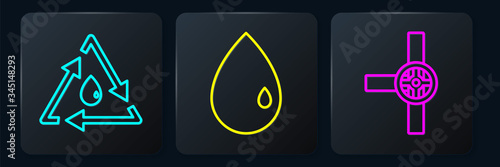 Set line Oil drop with recycle, Industry pipes and valve and Oil drop. Black square button. Vector
