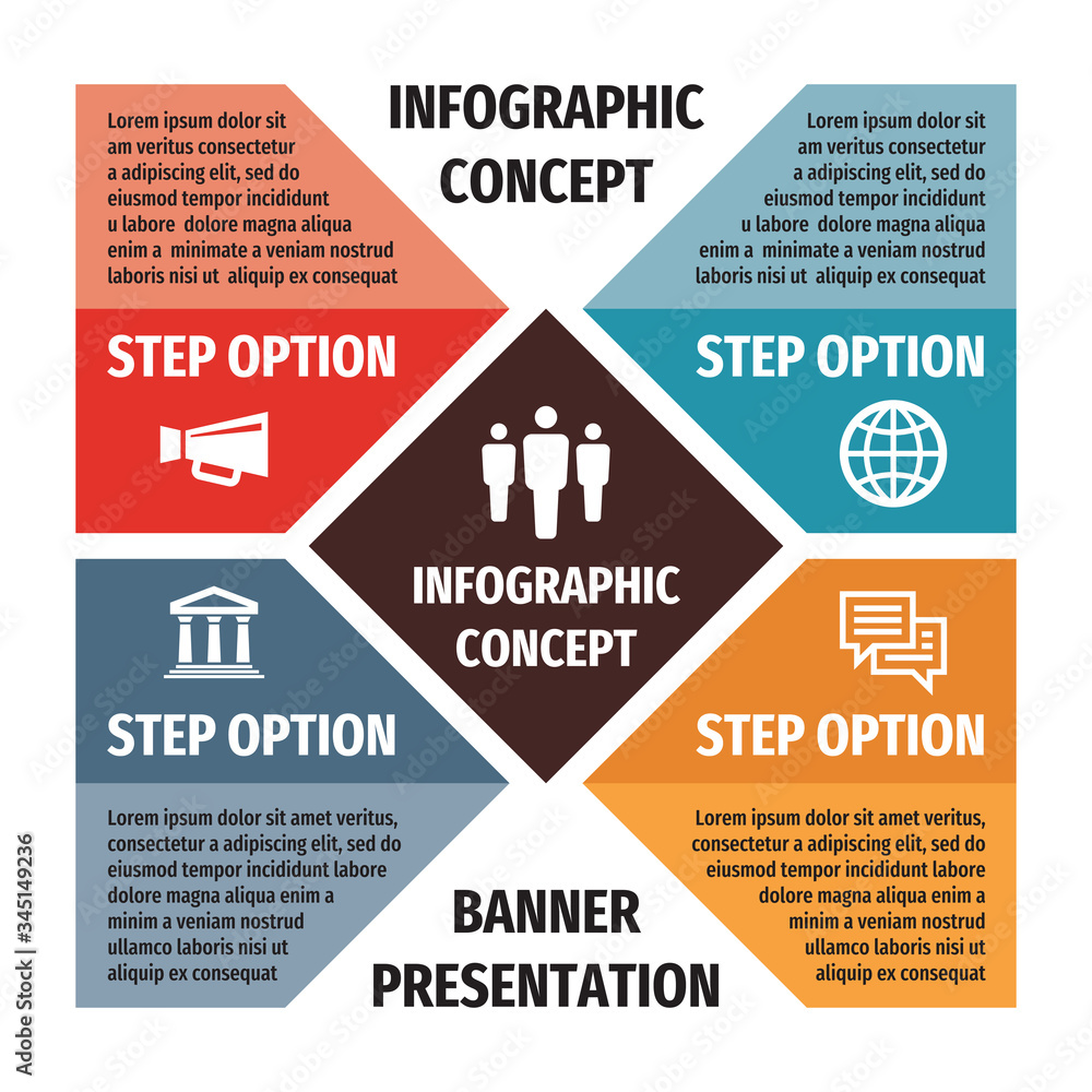Fototapeta premium Infographic business concept illustration. Big data creative banner. Abstract layout with icons. Four option steps. Design elements. 