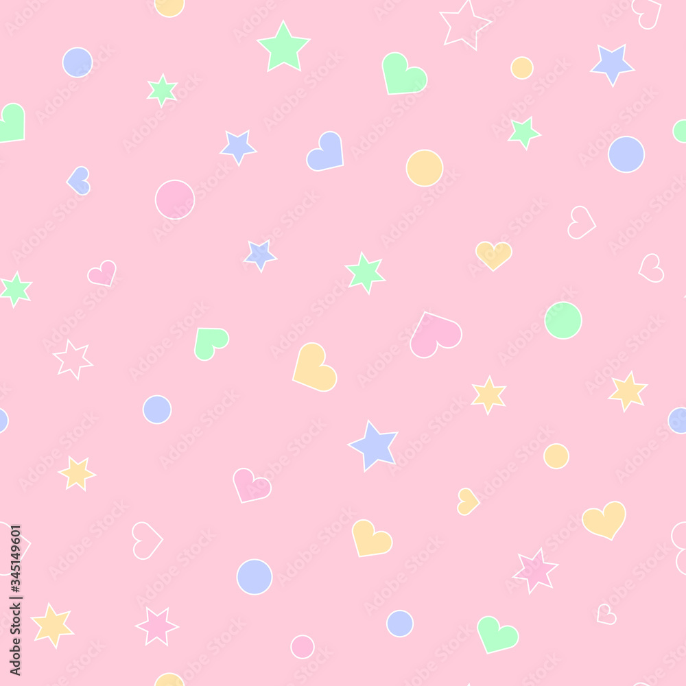 Seamless scrapbook pattern. Dots, hearts and stars on pink background. Simple repeat ornament. Vector illustration