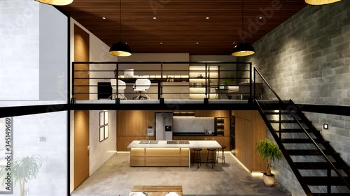 3d rendering. Interior house modern open living space with kitchen.Loft style Duplex apartment residence.Home decoration luxury  interior design.