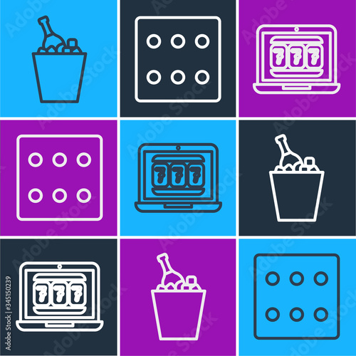 Set line Champagne in an ice bucket, Laptop and slot machine and Game dice icon. Vector