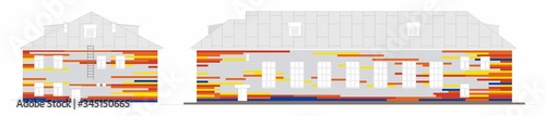 Drawing of a house lined with bright colored siding. Metal sheet texture of building. Wall panel lining. Bright colored Facing panels. insulation of facades, building materials