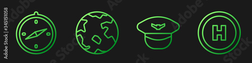 Set line Pilot hat, Compass, Worldwide and Helicopter landing pad. Gradient color icons. Vector