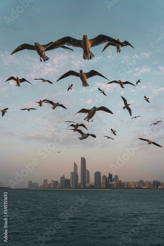 The Abu Dhabi skyline during sunset