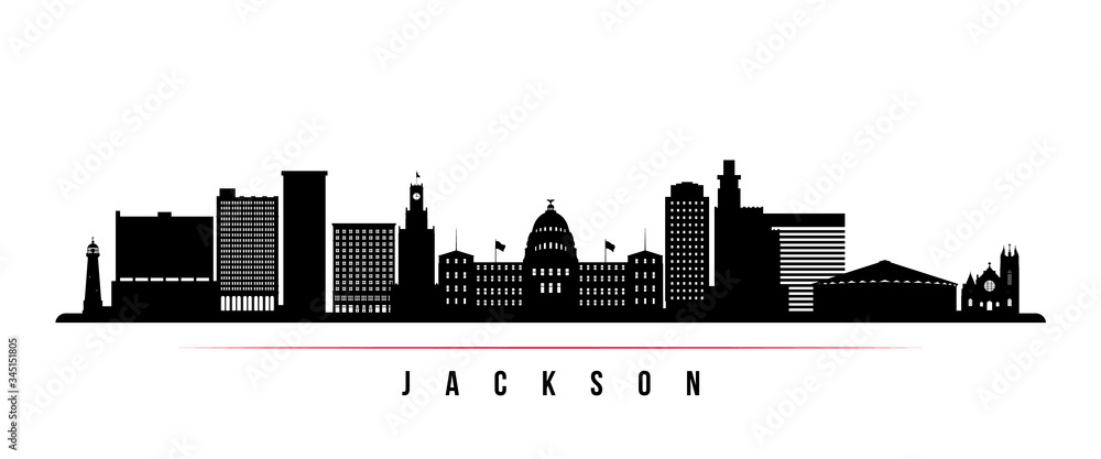 Jackson skyline horizontal banner. Black and white silhouette of Jackson, Mississippi. Vector template for your design.
