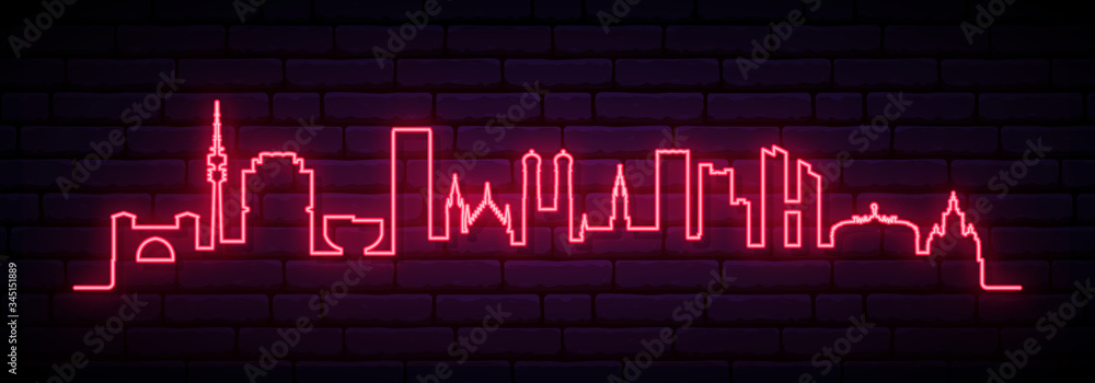 Naklejka premium Red neon skyline of Munich city. Bright Munich long banner. Vector illustration.