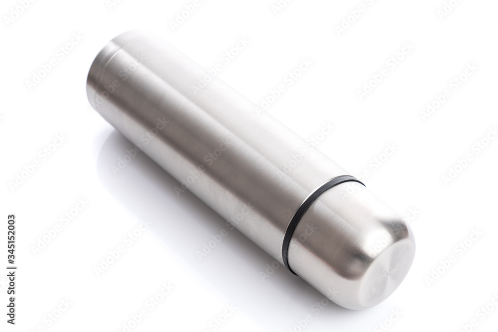 Steel travel thermos isolated on white background, close up Steel travel thermos isolated on white background, close up