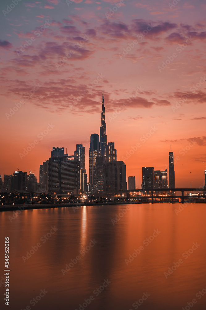 The skyline of Dubai during sunset