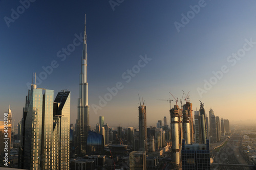 The Dubai skyline during sunset