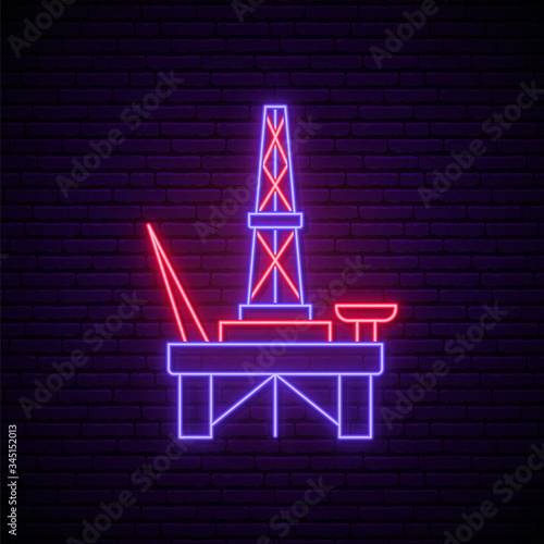 Neon derrick sign. Bright oil derrick symbol on dark brick wall background. Stock vector illustration.