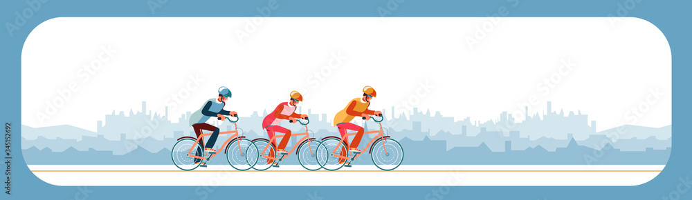 Cyclists chase the leader of race. Head of peloton vector illustration. Cycling in nature or city.Three cyclists going away from pursuers. Group of bikers at professional race for bike rally event Cyclists chase the leader of race. Head of peloton vector illustration. Cycling in nature or city.Three cyclists going away from pursuers. Group of bikers at professional race for bike rally event