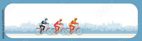 Cyclists chase the leader of race. Head of peloton vector illustration. Cycling in nature or city.Three cyclists going away from pursuers. Group of bikers at professional race for bike rally event