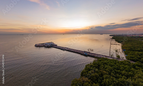 Aerial view landscape of Bang Pu Recreation Center with sunset sky