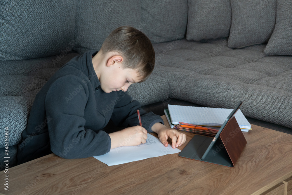 Distance learning online education. Child home learning.