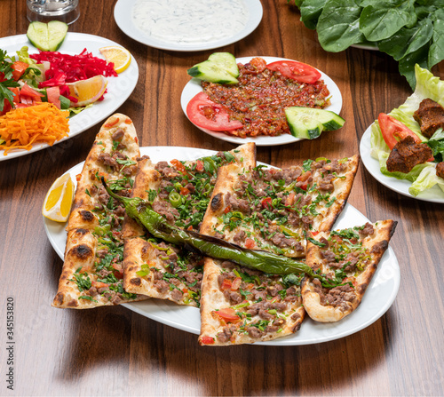 Cubed Meat Pizza, Pita. Traditional Turkish cuisine