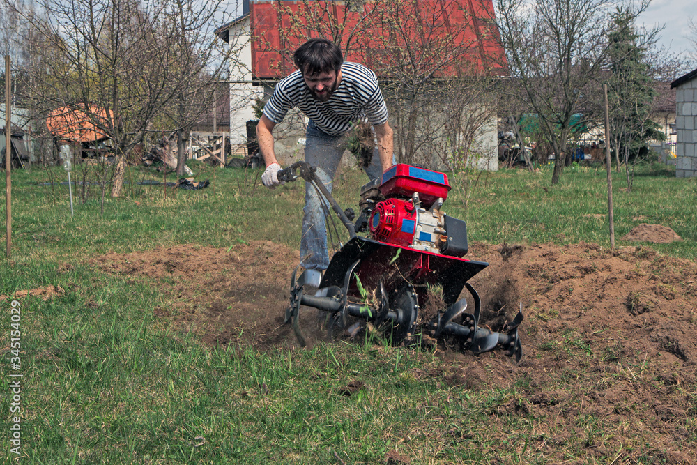 Man working in the garden with garden tiller. tractor cultivating and loosens soil field