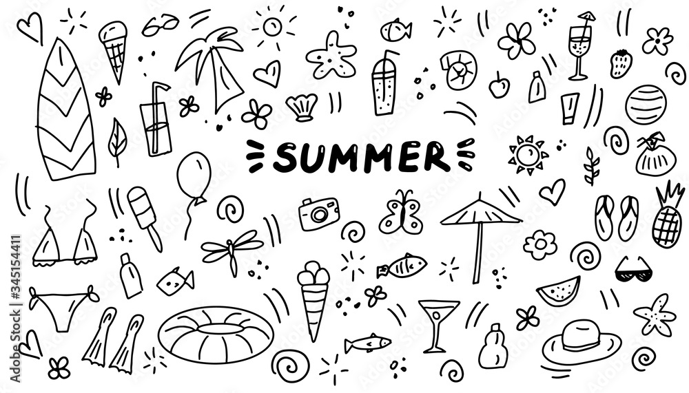 Plakat Summer doodles icon set. Hand drawn lines cartoon icons collection. Vector illustration.