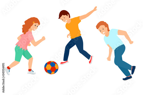 Children play a ball. Children's games, football, sports entertainment. A girl and two boys are running and having fun. Vector in a flat style. Isolated on a white. Teenagers compete with each other.