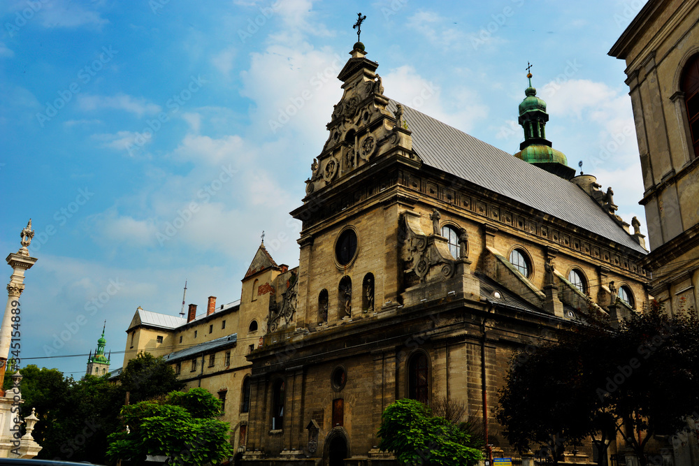 City streets with beautiful old houses and authentic Lviv architecture