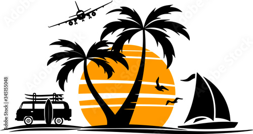 Palm Beach Van Surf Silhouette Vector