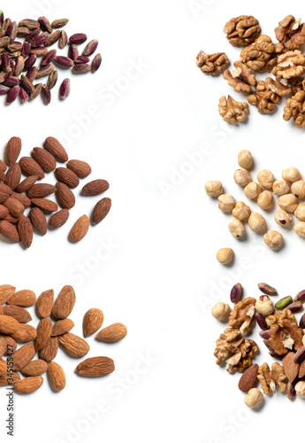 Dried Fruit Ingredients, Various Groups, Non-Mixed – Almonds, Walnuts, Pistachios – Isolated on White Background