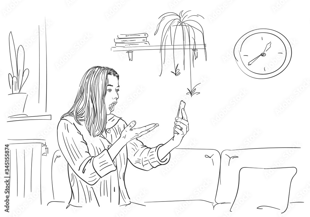 Excited woman got shocking news on smartphone, sitting on sofa in comfortable home atmosphere, self isolation at coronavirus quarantine time, Hand drawn linear illustration Vector sketch