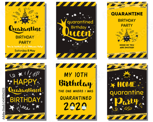 Quarantine Birthday set Home party invitation Yellow black Birthday cards Funny text. Home online party banner Vector