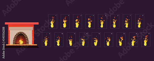 Fireplace animation. camp fire sprites for animation. Sprite sheet of fire, campfire, fire trap, Animation for game or cartoon. Frame by frame animation