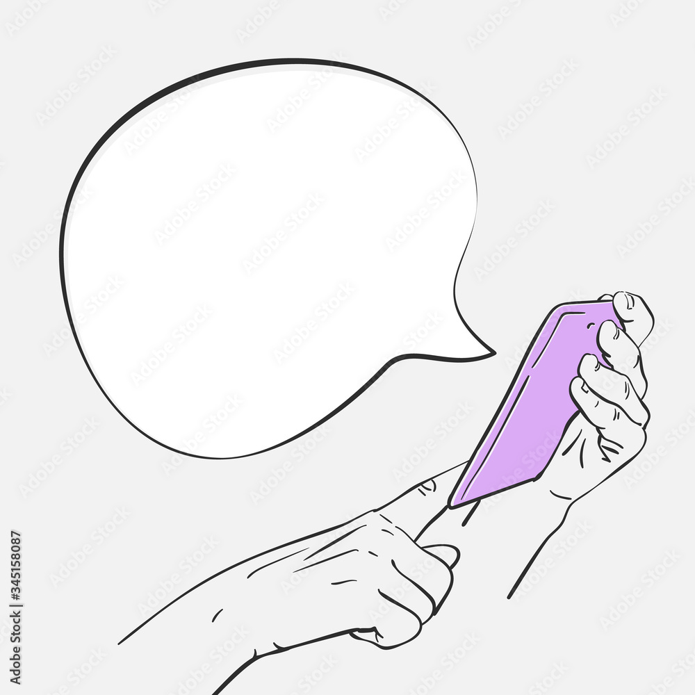 Speech bubble from tablet in hand with finger touch screen, Hand drawn illustration isolated Vector sketch Speech bubble from tablet in hand with finger touch screen, Hand drawn illustration isolated Vector sketch