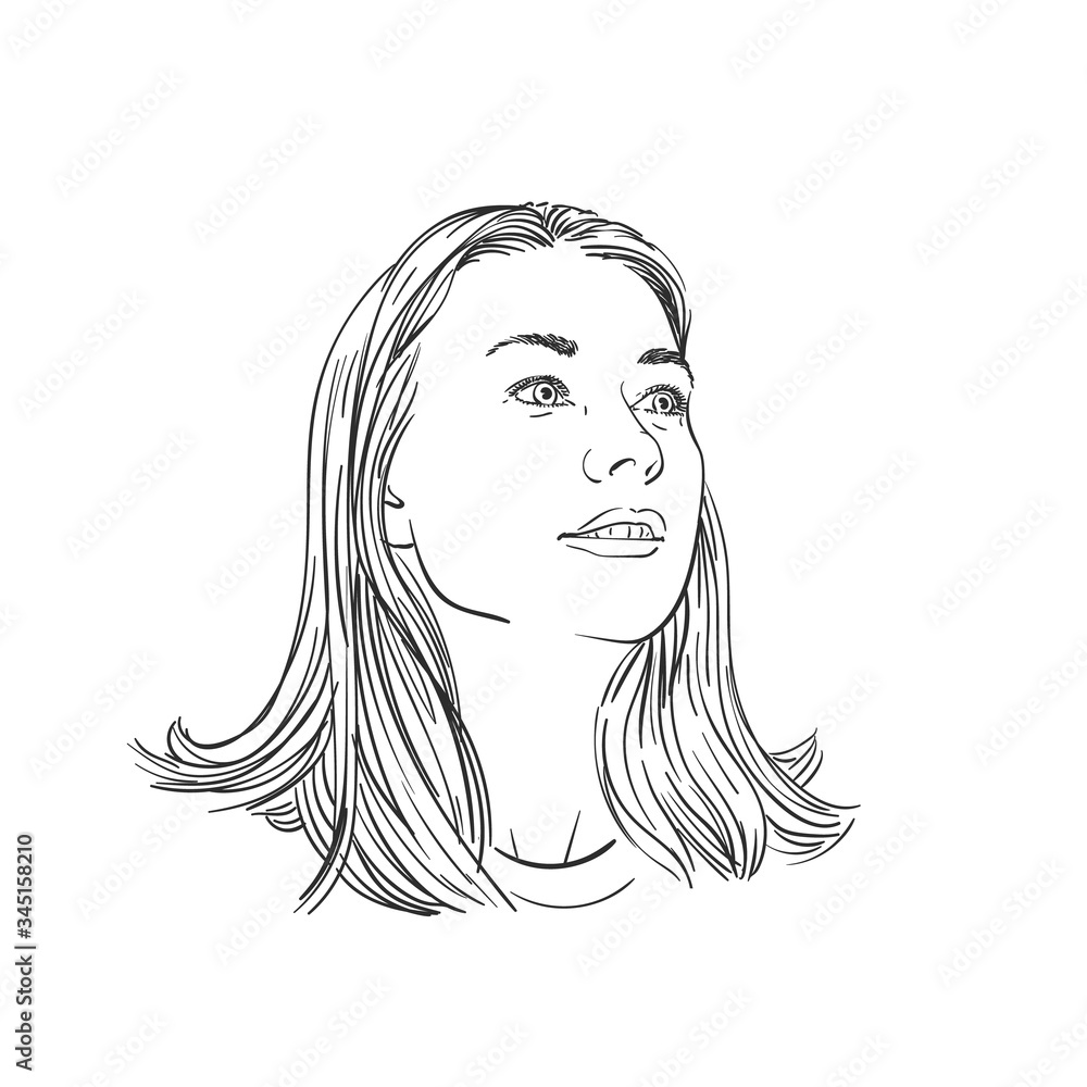 Portrait of happy woman with long hair looking sideways up, Hand drawn illustration, Vector sketch Portrait of happy woman with long hair looking sideways up, Hand drawn illustration, Vector sketch