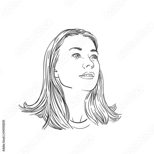 Portrait of happy woman with long hair looking sideways up, Hand drawn illustration, Vector sketch