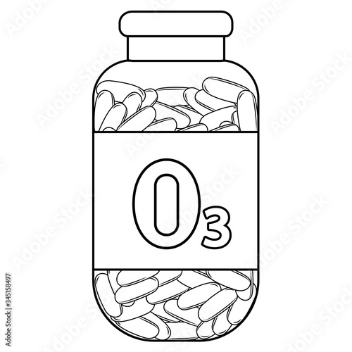 Fish oil. Outline bottle with fish oil capsules. Omega 3 vitamin capsules. Bottle with Omega 3 tablets in outline style. Vector
