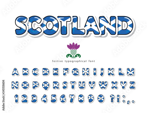 Scotland font. Scottish national flag colors. Paper cutout glossy ABC letters and numbers. Bright alphabet for tourism t-shirt, souvenir design. Vector