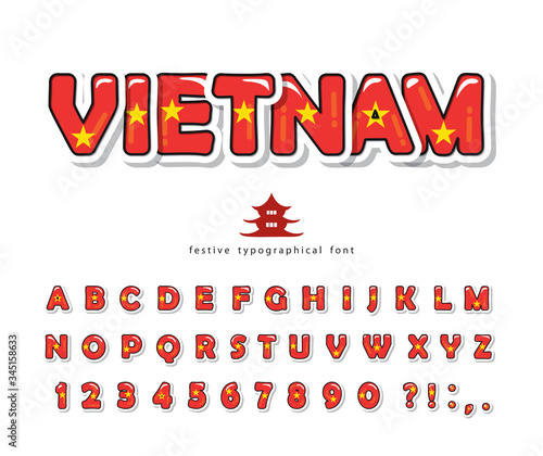 Vietnam cartoon font. Vietnamese national flag colors. Paper cutout glossy ABC letters and numbers. Bright alphabet for tourism design. Vector