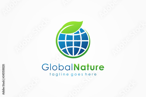 Global Nature Logo. World Globe Icon with Leaf Symbol around. Usable for Business, Nature, Environment, Science and Ecology Logos. Flat Vector Logo Design Template Element.