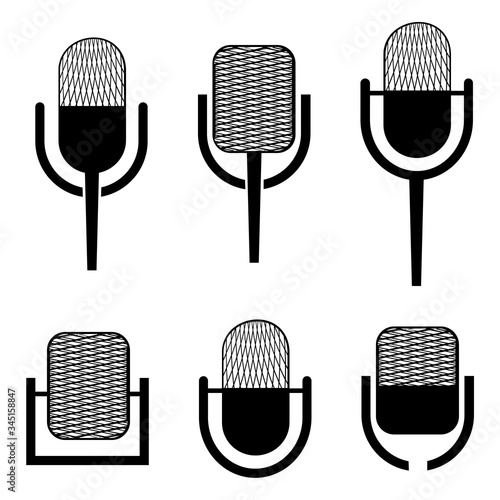 Microphone icon. Set of microphones in black color and in simple flat style. Collection of high quality black style vector icons for internet, record studio, online broadcasting and other
