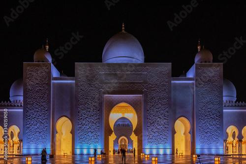 Inner courtyard of Sheikh Zayed Grand Mosque, minaret of the largest mosque in the United Arab Emirates and the eighth largest mosque in the world.

