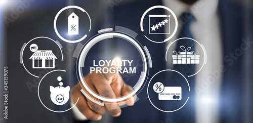 Collage with businessman pressing loyalty program button on virtual screen, panorama