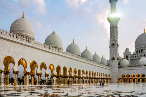Inner courtyard of Sheikh Zayed Grand Mosque, minaret of the largest mosque in the United Arab Emirates and the eighth largest mosque in the world.
