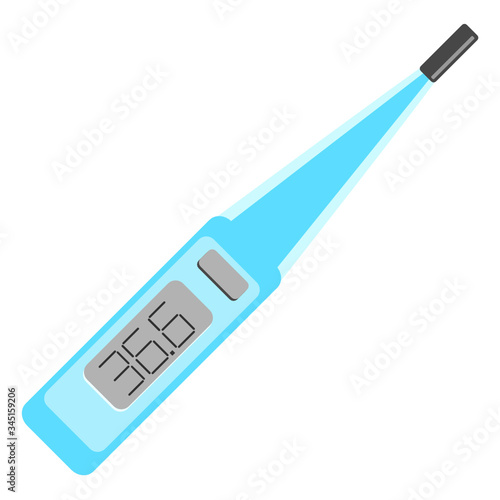 Flat modern blue thermometer on a white background. Electronic measurement of body heat. Vector stock image. Doctor's tool in search of COVID-19. 36.6 health indicator association.