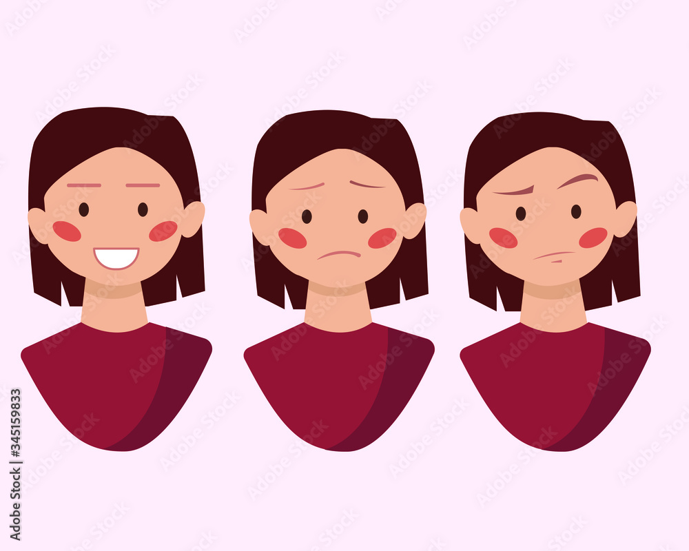 Set of emotions. Woman vector flat design. Happy, sad and confused person Set of emotions. Woman vector flat design. Happy, sad and confused person