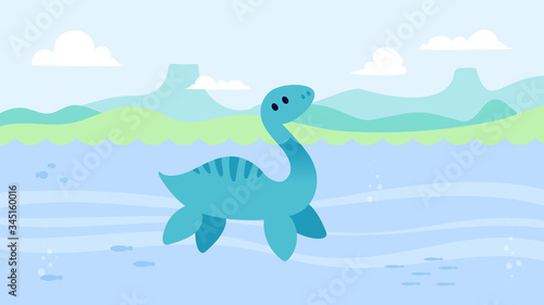 Cute plesiosaurus dinosaur in prehistoric landscape