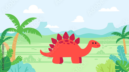 Cute stegosaurus dinosaur in prehistoric landscape