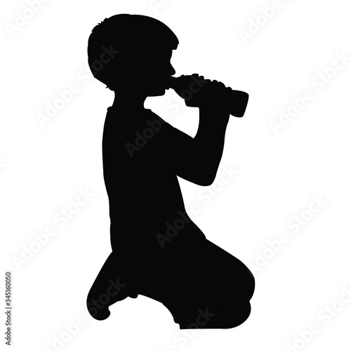 a boy squatting and drinking water, silhouette vector