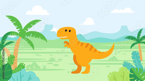 Cute tyrannosaurus rex dinosaur in prehistoric landscape