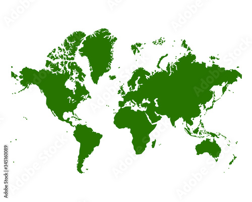 Dark green silhouette world map on a white background. Contours of the continents in vector format. Stock image of the planet for print, business, decoration and design. For delivery and infographics.